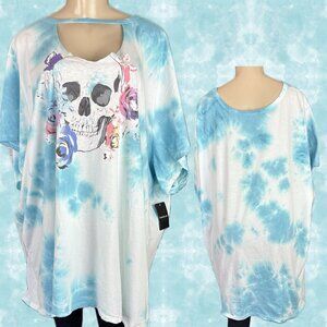 Lovesick +6 Blue Tie-Dye Floral Skull Graphic Cotton Short Sleeve Choker T-Shirt